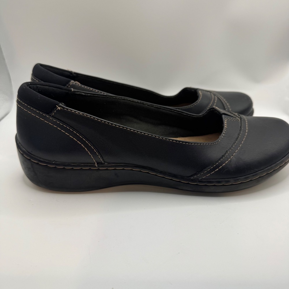 Clarks 7.5 M Slip On Shoes Womens Black Contrast Stitch Comfort 261595854050